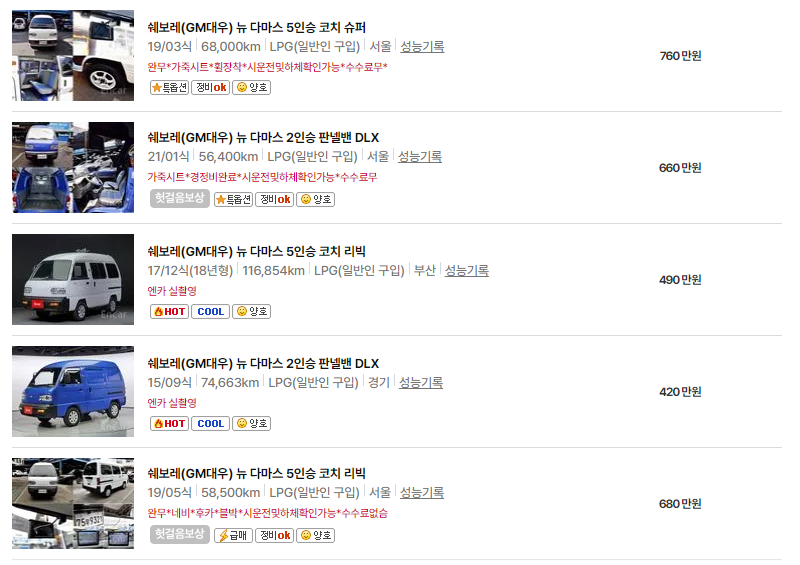 쉐보레 다마스 중고차 가격 시세표 24년 10월