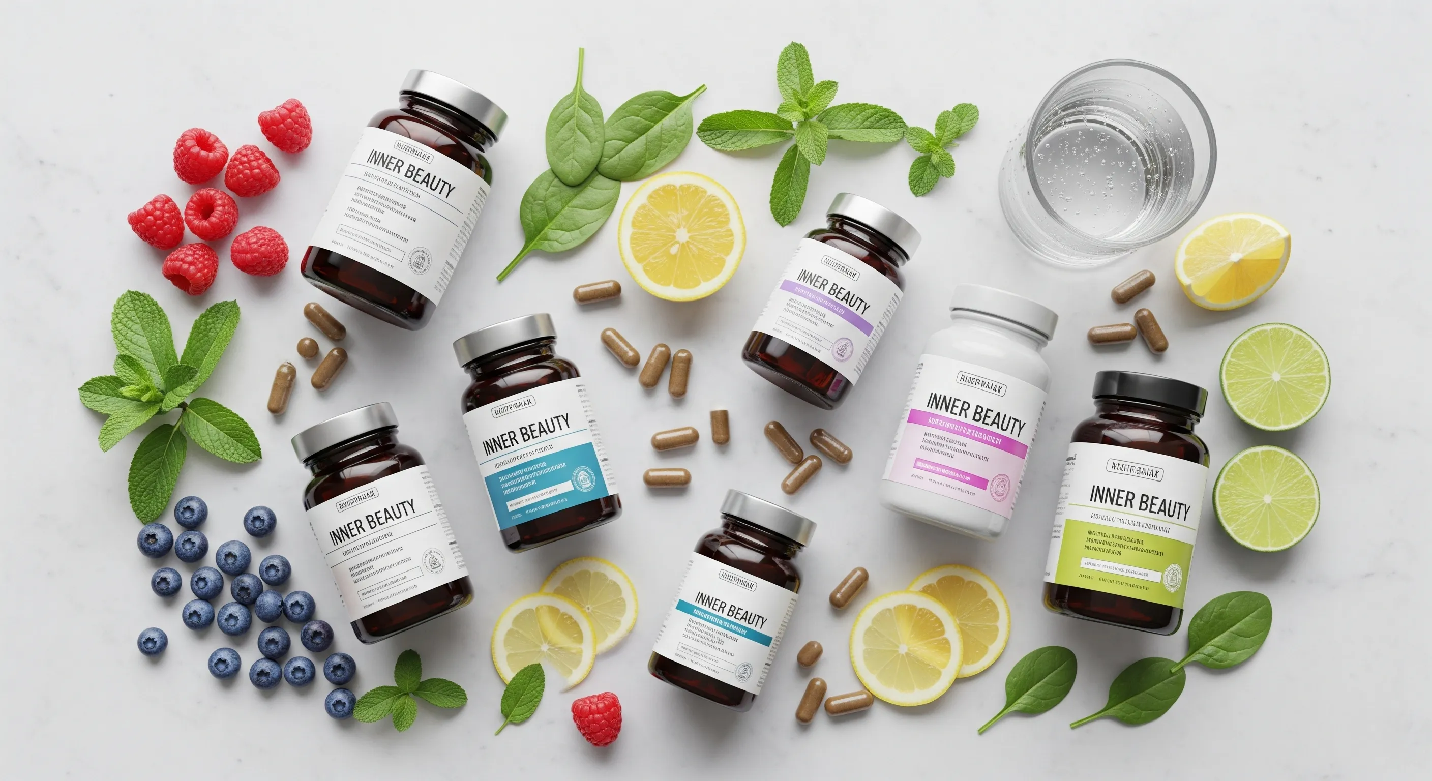 이너뷰티 영양제 제품들이 신선한 과일, 채소 등 자연 재료와 함께 놓여있는 모습.