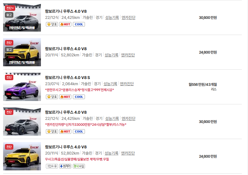 람보르기니 우루스 중고차 가격 시세표 연비