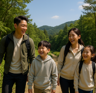 화목한 가족이 산행하며 즐거워하는 모습
