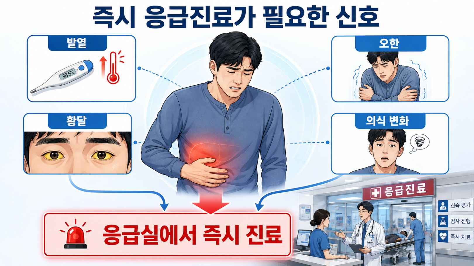 오른쪽 윗배 통증과 발열&middot;오한&middot;황달&middot;의식 변화가 동반될 때 즉시 응급진료가 필요한 신호