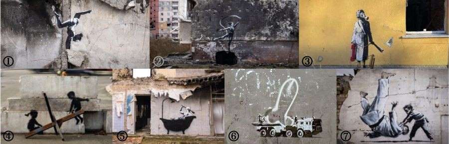 ①물구나무 선 체조 소녀, ②리듬 체조를 하고 있는 선수, ③방독면을 쓴 채 소화기를 들고 다니는 여성, ④시소 타는 어린아이, ⑤고렌카 마을에 목욕하는 남자, ⑥양식화된 페니스, ⑦어른과 유도경기를 하는 어린이