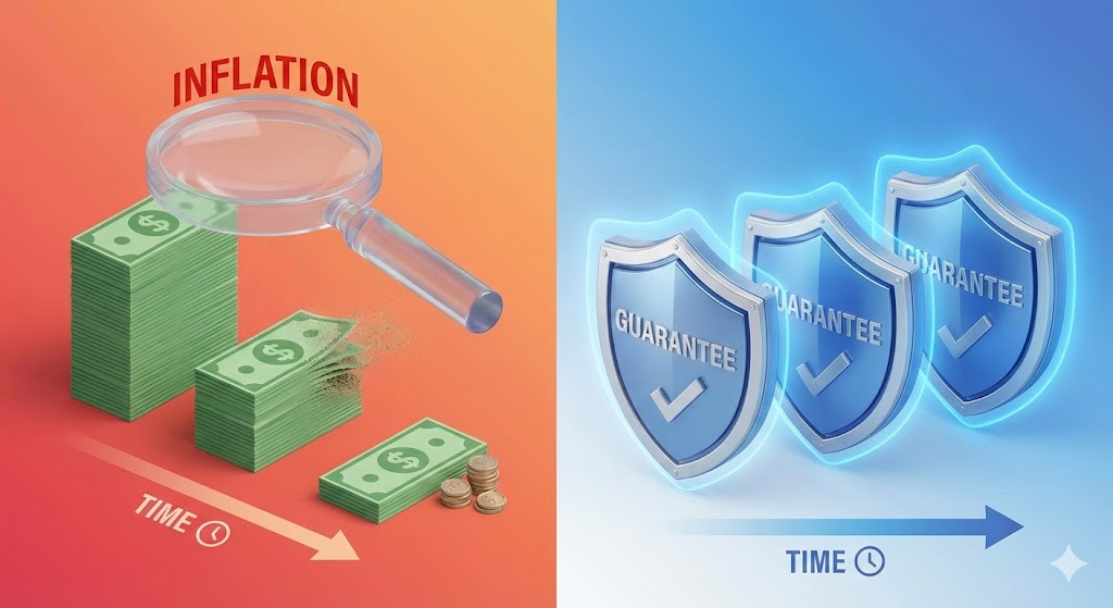 시간의 흐름에 따라 쪼그라드는 지폐 더미와 든든하게 유지되는 방패를 비교하는 그래픽