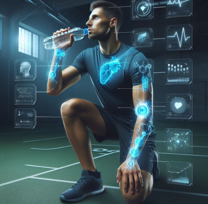 운동을 하면서 물을 마시고 있는 모습