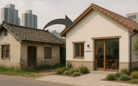 "도시재생을 표현한 일러스트, 낡은 빈집이 리모델링되어 새로운 주택과 커뮤니티 공간으로 재탄생하는 모습"