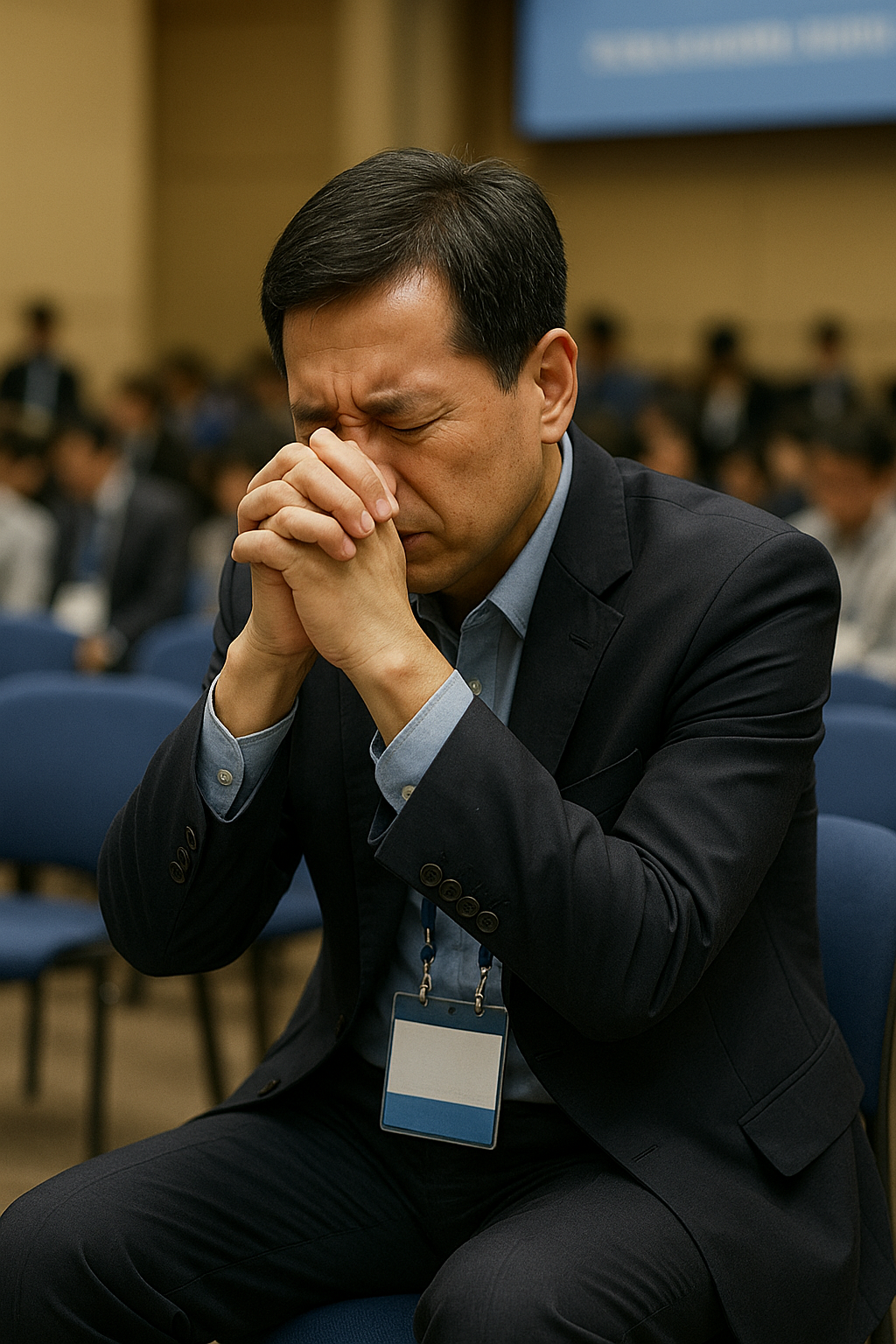 창 32:36 말씀을 보며&amp;#44; 야곱이 하나님과 깊이있는 씨름으로 지칠대로 지쳤고&amp;#44; 자신이 어려움에 처한 상황 속에서도 야곱을 영적인 축복을 받기 위해 그 자리에 머물렀을 뿐 아니라 나아가 하나님께로부터 축복을 받으려 시도했습니다. 저도 하나님께 축복을 받기까지 간절히 기도하는 삶을 사는 모습을 그려주세요. 50세 남성이 한국에서 학술대회 참여하면서도 하나님께 간절히 기도하고 씨름하는 모습입니다.