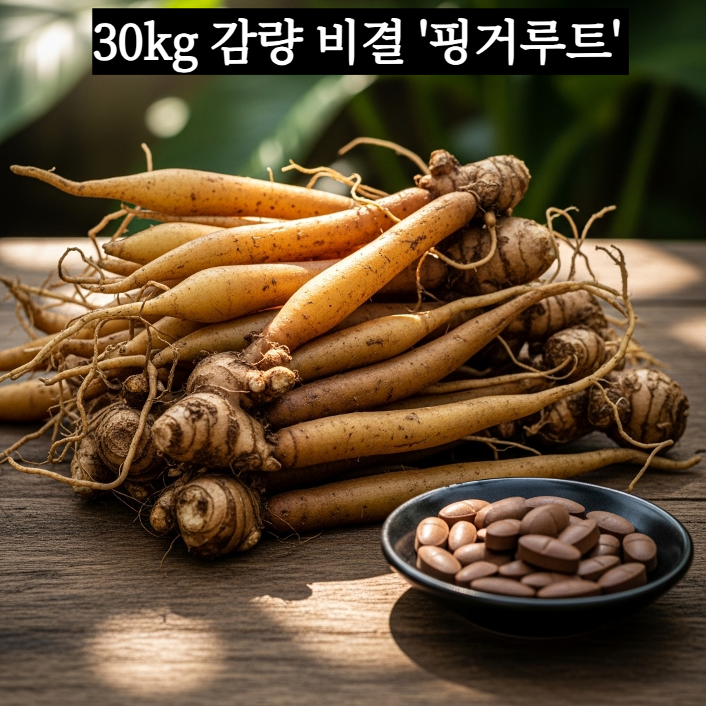 열대 우림에서 채취된 사람의 손가락을 닮은 신선한 핑거루트 뿌리들과 이를 활용한 다이어트 환 이미지