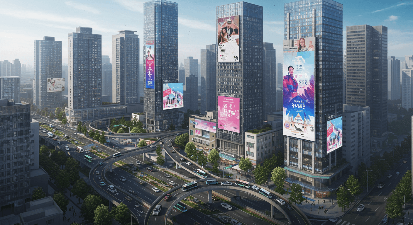 자율주행차와 디지털 전광판이 있는 AI 기반 스마트 인프라로 변화된 서울 전경 2