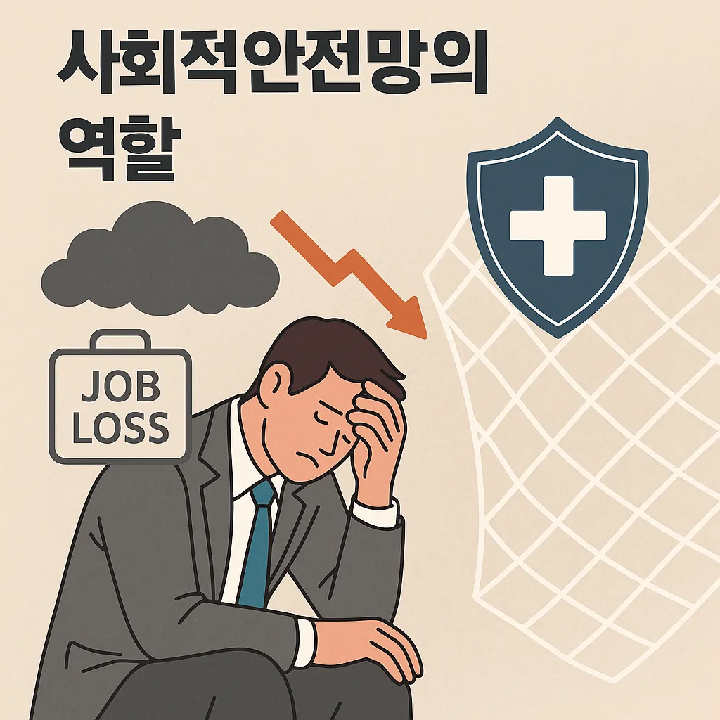 고용불안으로-고민하는-남성과-그를-보호하는-사회적-안전망을-상징하는-방패와-안전망이-표현된-일러스트