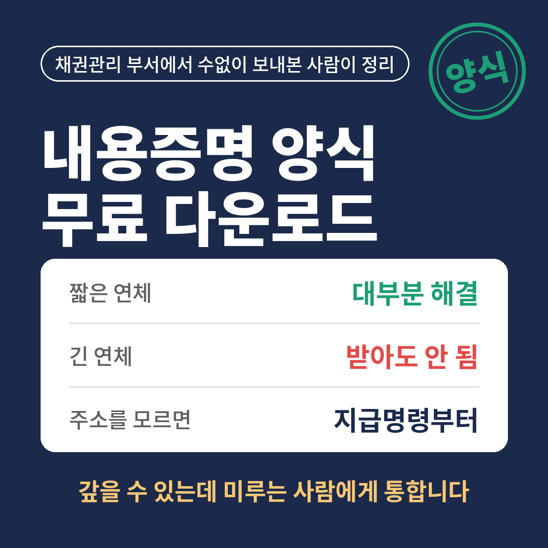 채권관리 부서에서 내용증명을 수없이 보내본 경험으로 정리한 내용증명 양식 무료 다운로드, 짧은 연체는 대부분 해결되지만 긴 연체는 받아도 해결되지 않고, 상대 주소를 모르면 지급명령부터 해야 한다는 내용을 요약한 썸네일