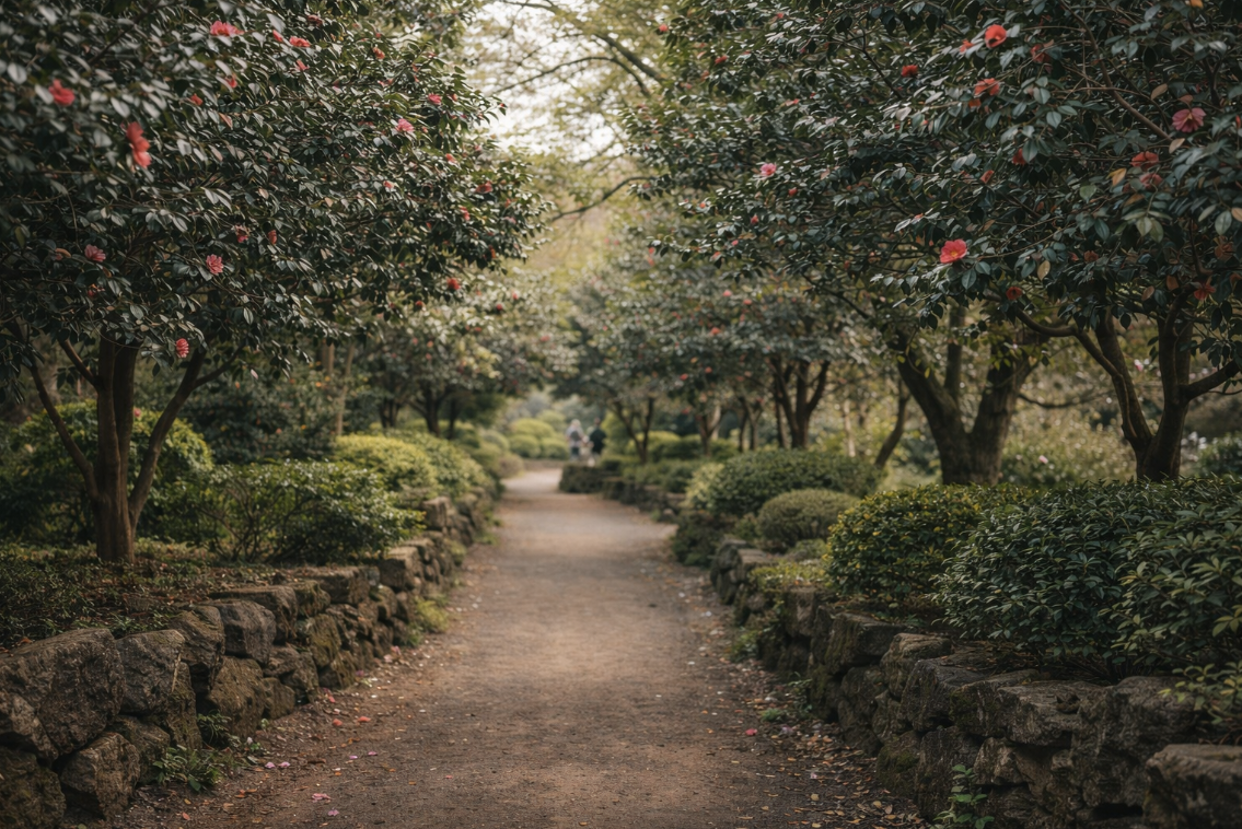 제주 카멜리아힐의 정원길과 동백나무, 돌담과 초록 식재가 함께 보이는 모습