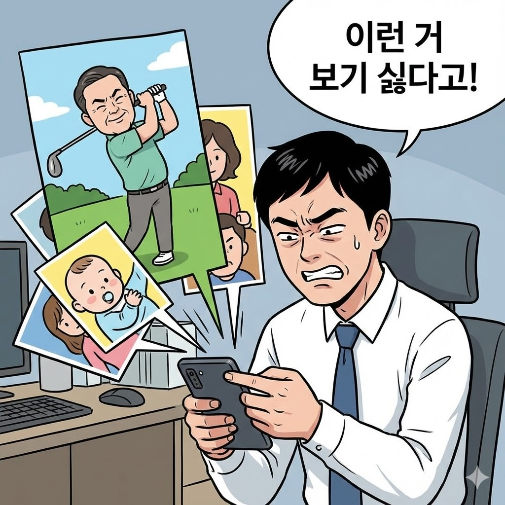 원치 않는 타인의 일상을 강제로 보게 되어 괴로워하는 카카오톡 사용자 일러스트