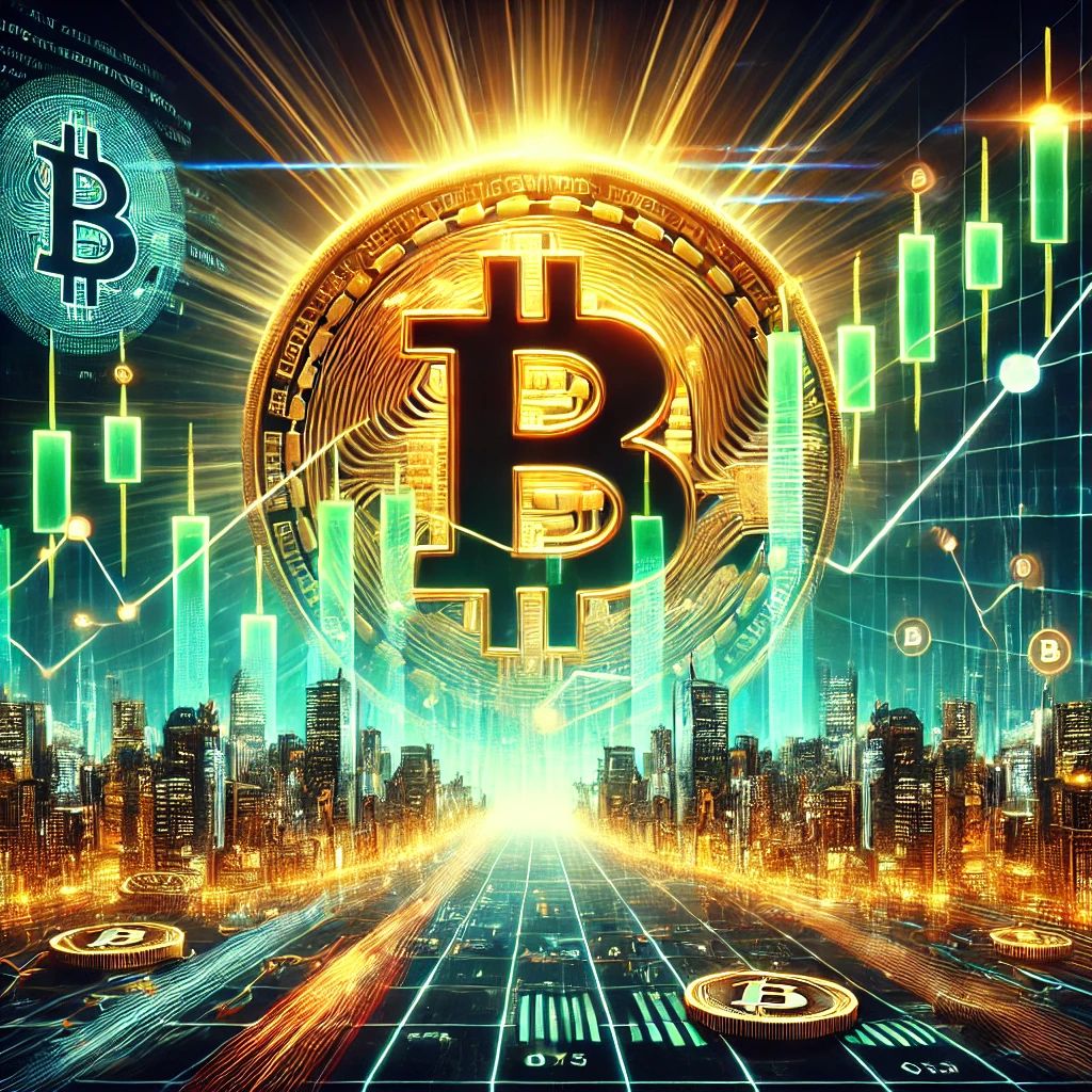 빌딩 숲속에서 황금빛 비트코인 심볼이 위로 솟구치는 현상