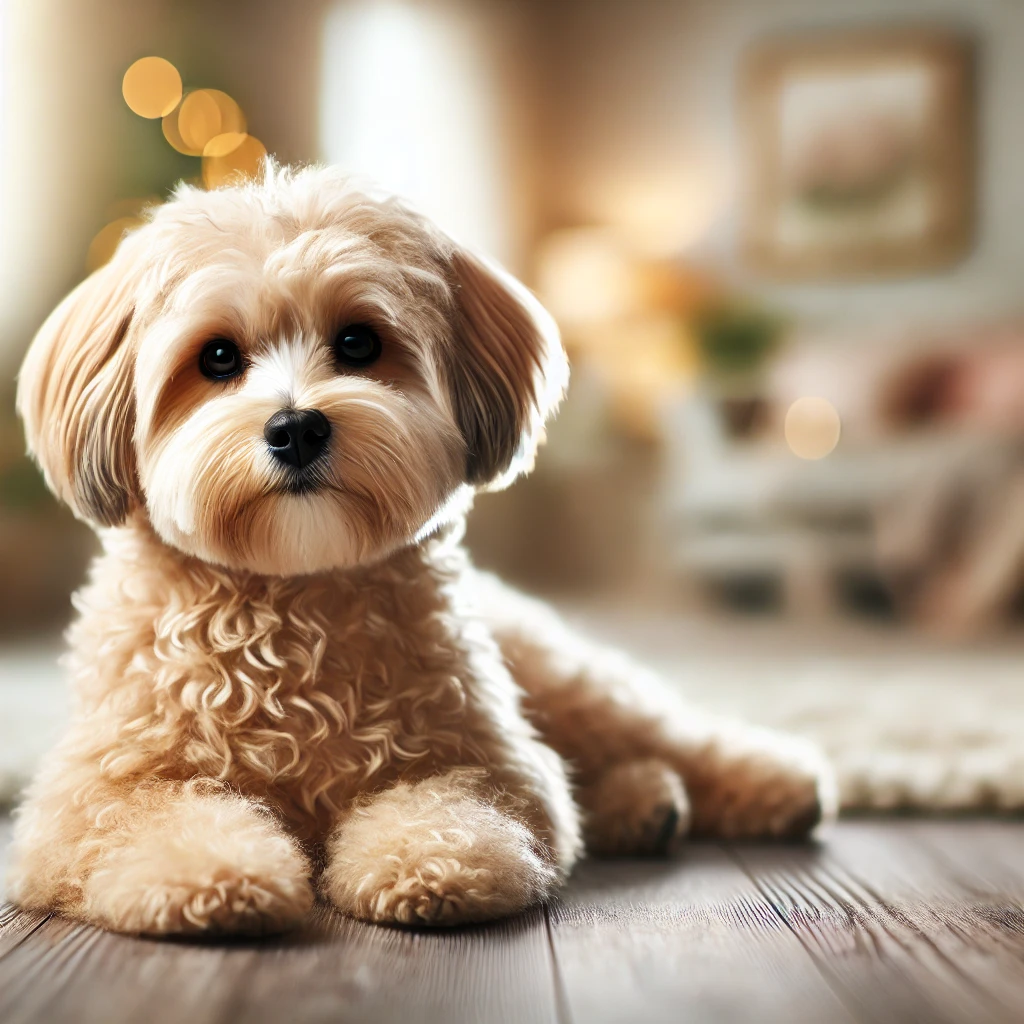 편안하게 누워 있는 곱슬 털을 가진 소형견