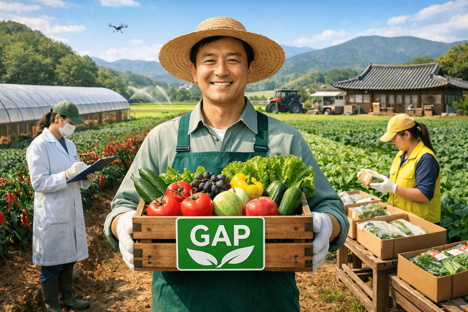 한국 농촌 배경에서 농부가 GAP 인증 표시가 있는 신선한 채소 상자를 들고 있으며 뒤에서는 농산물 검사와 포장 작업이 이루어지는 안전 농산물 생산 현장