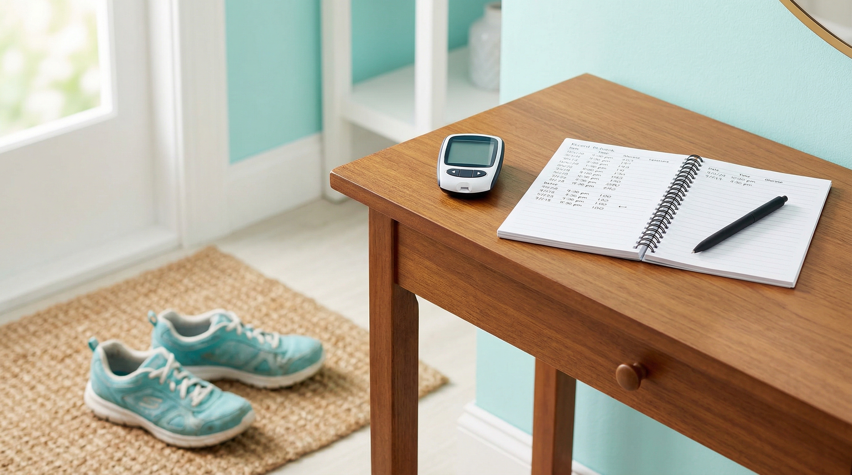 혈당 기록과 걷기 습관을 보여주는 건강 관리 이미지