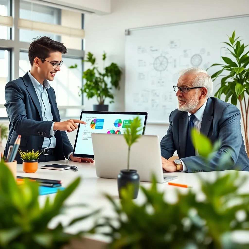 사무실이나 작업 공간에서 청년과 고령층 직원이 서로의 장점을 살려 협력하며 시너지를 내는 모습.