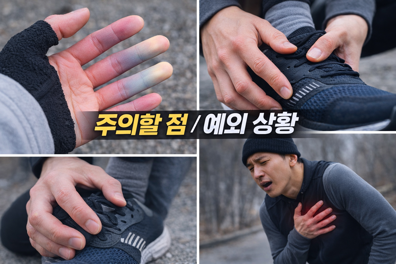 운동 중 손발 색 변화와 통증, 저림 등 주의해야 할 예외 상황을 보여주는 실사 이미지