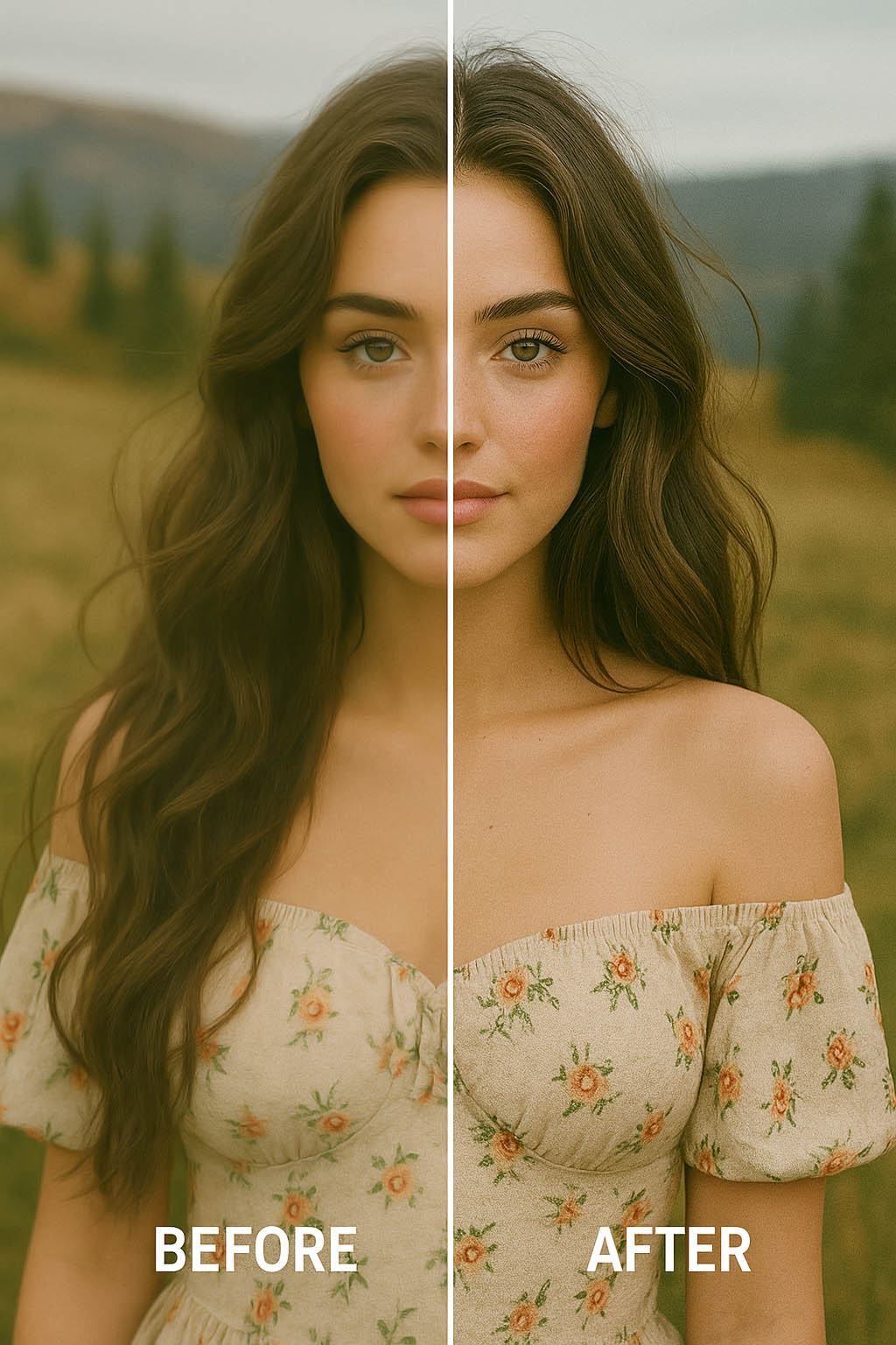 업스케일 전후를 비교한 여성 인물 사진, 왼쪽은 흐릿한 화질, 오른쪽은 디테일이 살아있는 고해상도 버전