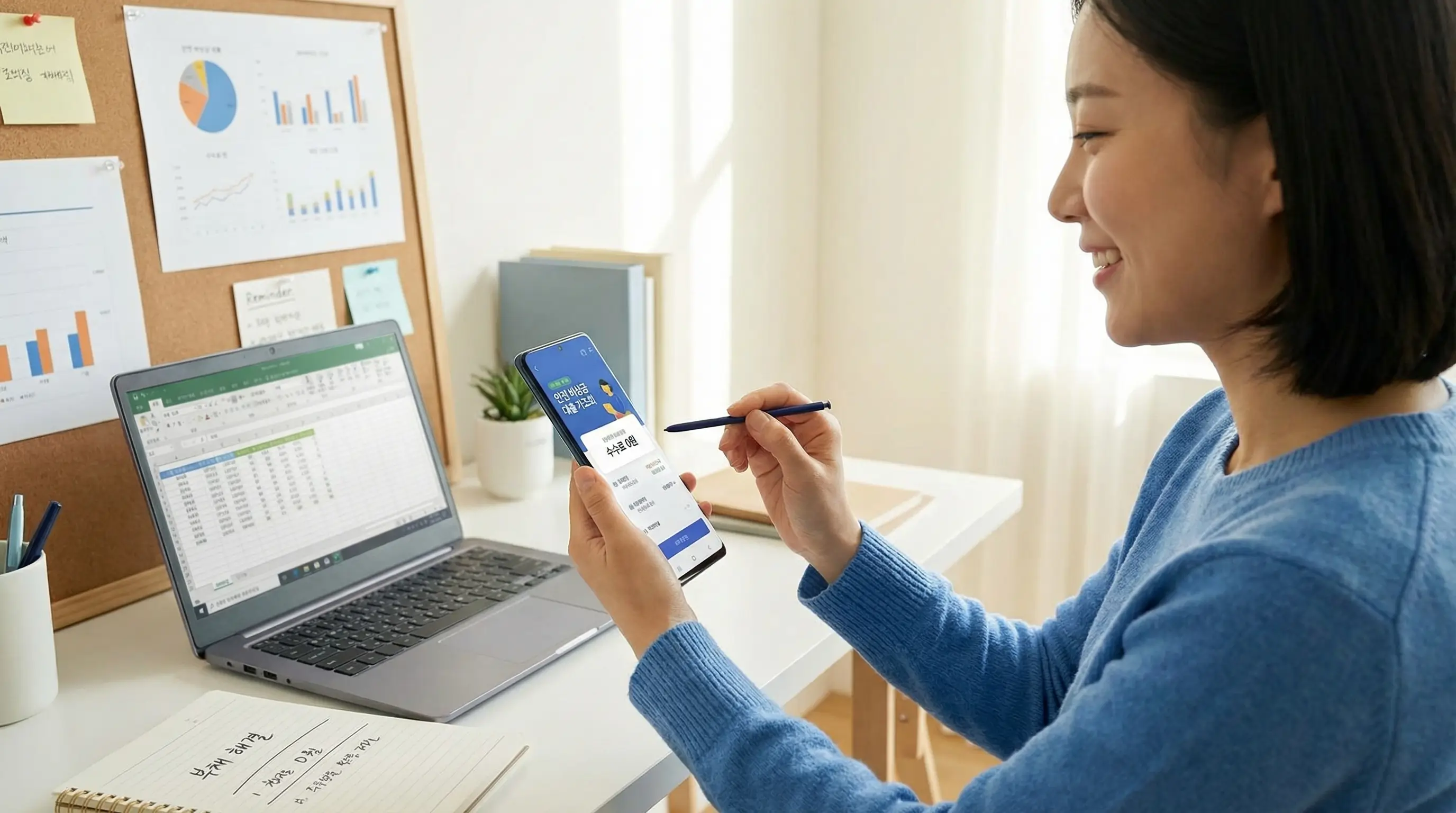 스마트폰 앱으로 수수료 없는 안전한 비상금 대출을 가조회하고 악성 채무를 해결하는 현명한 소비자의 모습
