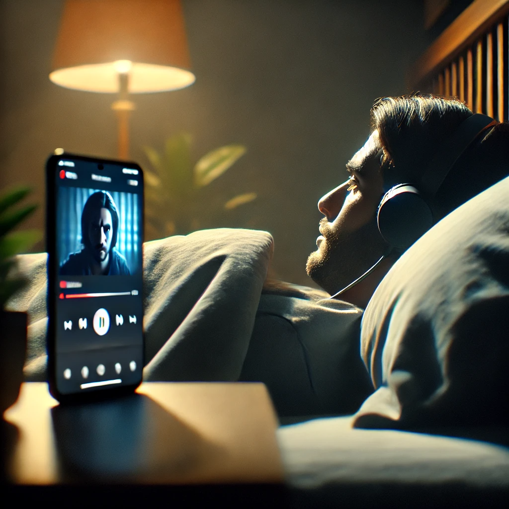 침대에 누워 스마트폰으로 드라마를 시청하는 사람.