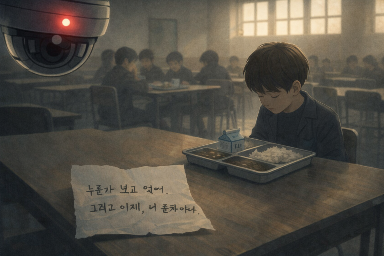 급식실에서 혼자 앉아 식사를 앞에 둔 아이와 책상 위의 익명 메모, 감시와 연대가 동시에 존재하는 순간