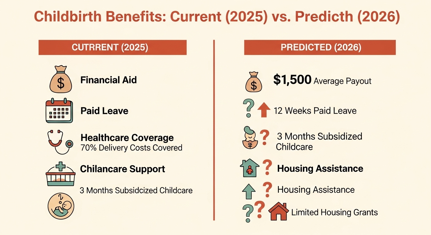 2025년과 2026년 출산 지원금을 비교하는 예측 인포그래픽. 돈다발, 아기 요람, 집 모양 아이콘과 함께 지원금 상향 가능성을 시각적으로 보여줍니다.