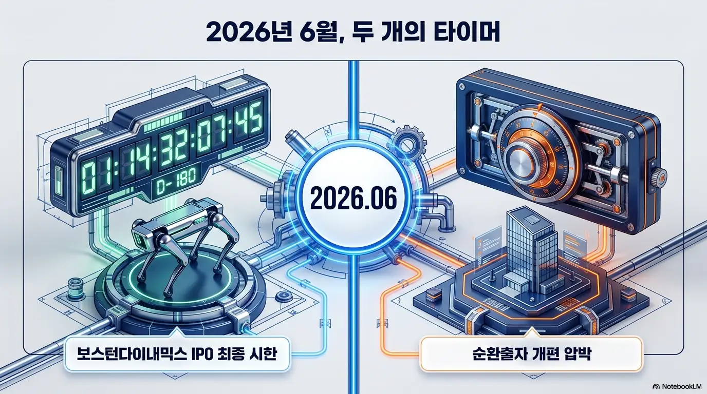 현대차그룹주 주가전망:'2026년 6월, 두 개의 타이머'라는 문구가 포함된 인포그래픽 이미지. 이 이미지는 보스턴다이내믹스 IPO 최종 시한과 순환출자 개편 압박이 2026년 6월에 동시에 겹치는 상황을 시각적으로 전달하며, 블로그의 현대차그룹주 분석과 관련된 내용을 설명함