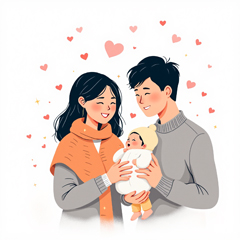 부부가 갓난아이를 안고 행복해 하는 모습