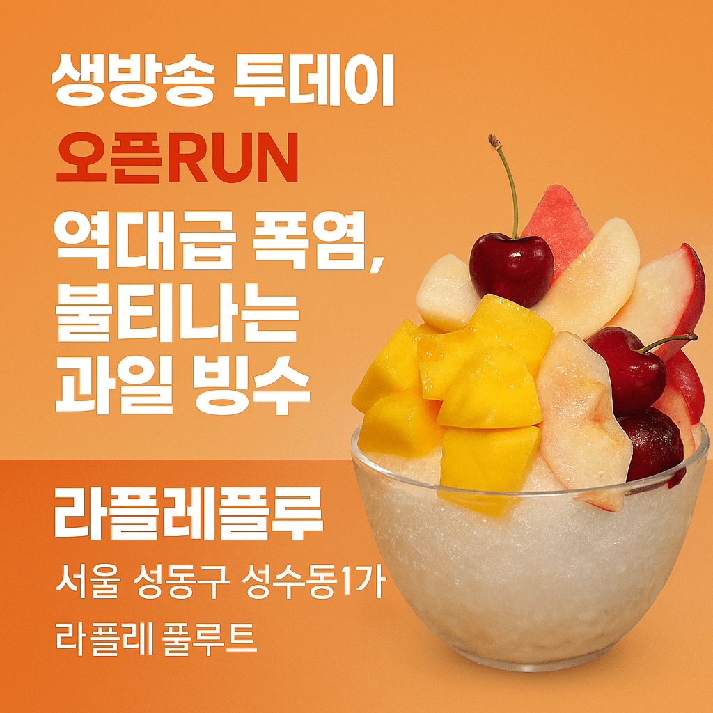 생방송투데이 3806회 오픈RUN 역대급 폭염, 불티나는 과일 빙수 편 서울 성수동 라플레플루트