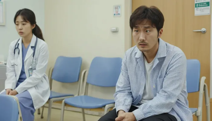 폐암 생존율이 걱정되어 진료를 기다리는 장면