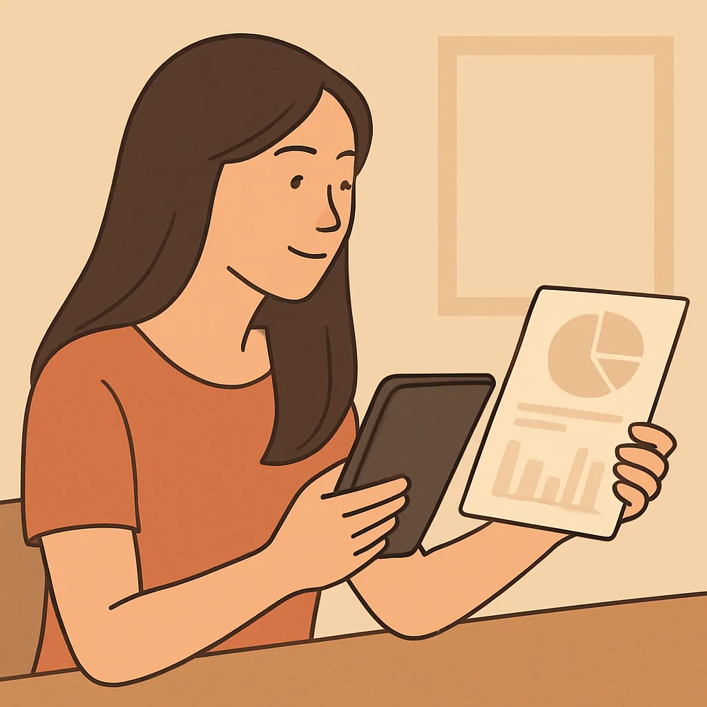 여성이 실내에서 차트와 테블릿을 보며 저축을 점검하는 모습