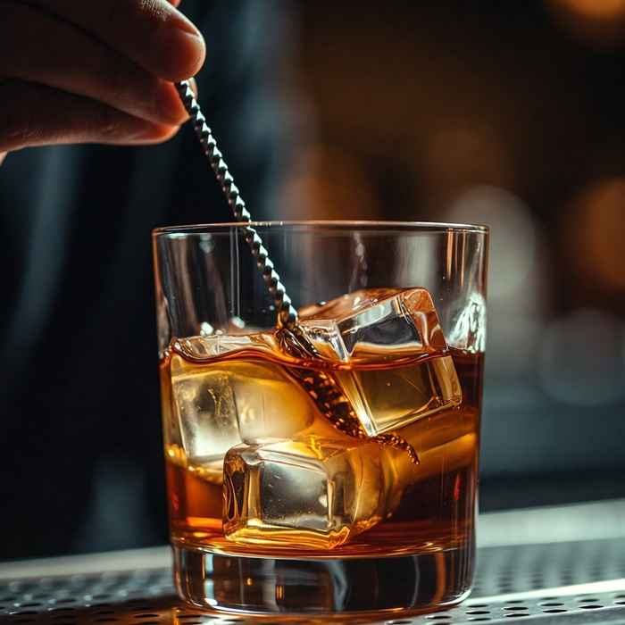 믹싱 글라스에서 위스키와 허브 리큐르를 저어 섞는 몬테카를로 제조 과정