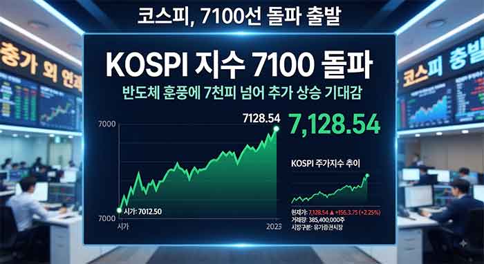 반도체 훈풍으로 코스피 7100선을 돌파한 증권시장 화면.