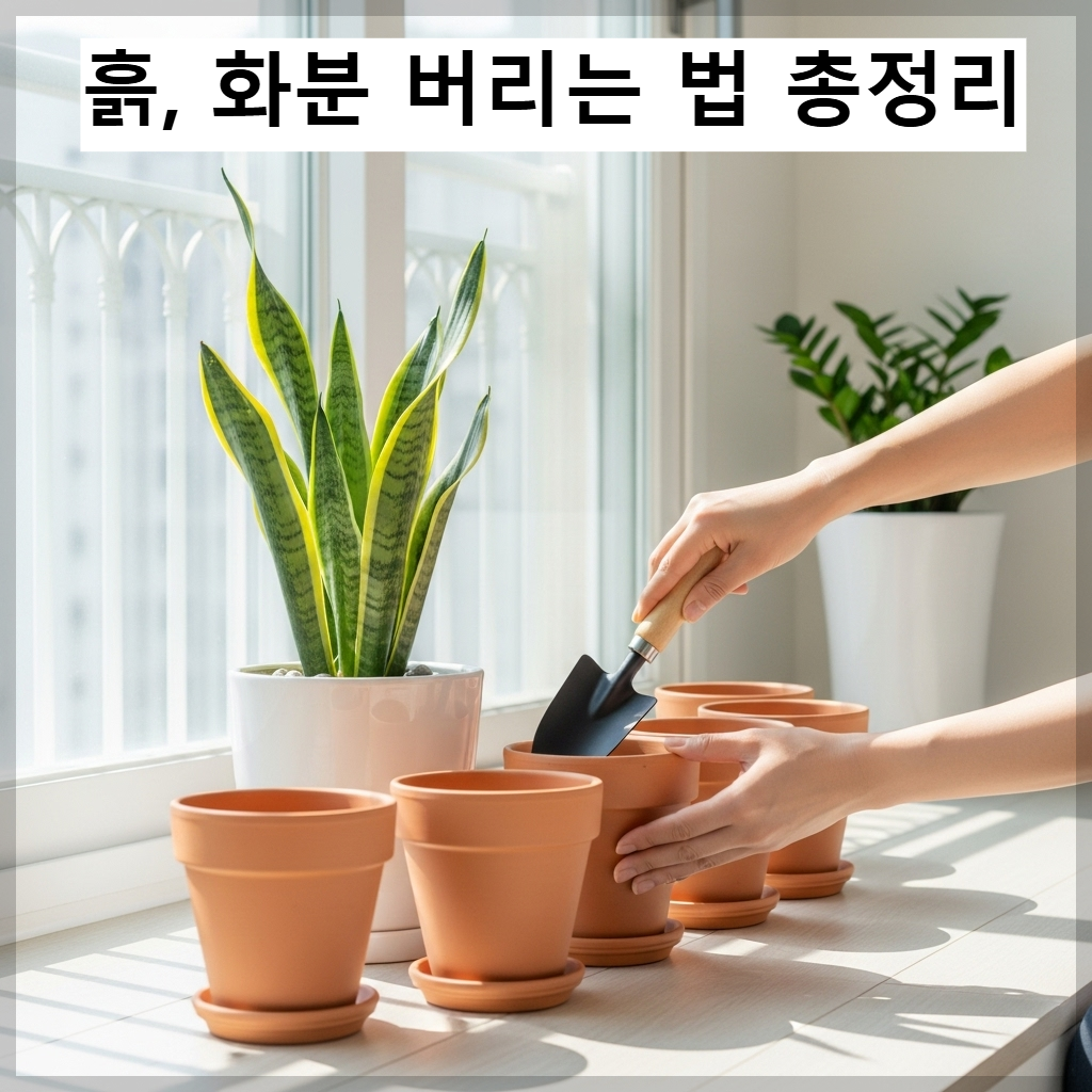 한국식 아파트 베란다에서 말라 죽은 식물을 정리하고 깨끗하게 비워진 화분들이 햇살 아래 정돈된 모습