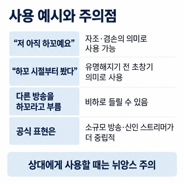 하꼬라는 표현이 자조적으로는 친근하게 쓰일 수 있지만 상대에게는 비하로 들릴 수 있다는 사용 주의 이미지
