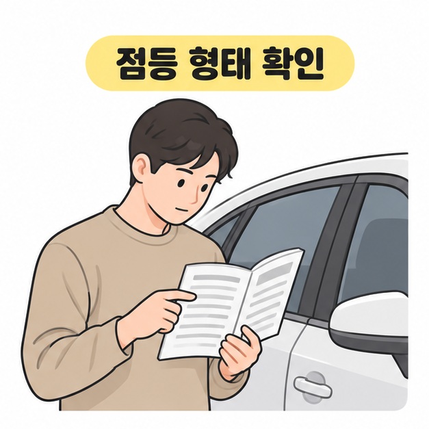 점등 형태 확인 제목 아래 차량 옆에서 취급설명서를 읽는 남성