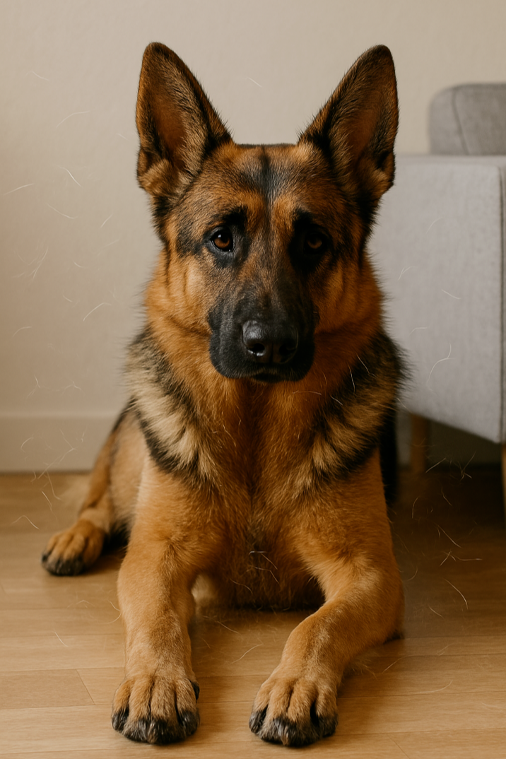 실내 바닥에 앉아 있는 저먼 셰퍼드의 털이 주변 바닥에 퍼져 있어, 이중모와 미세모로 인한 털날림 문제를 직관적으로 보여주는 장면입니다.