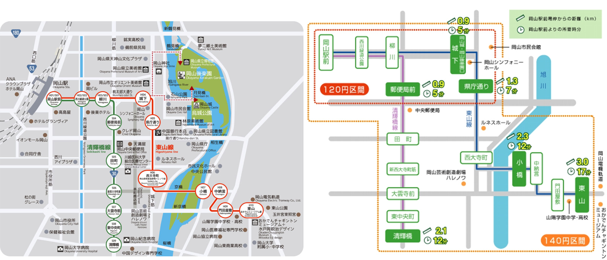 오카야마시 노면 전차 운행 지도 및 운임지역