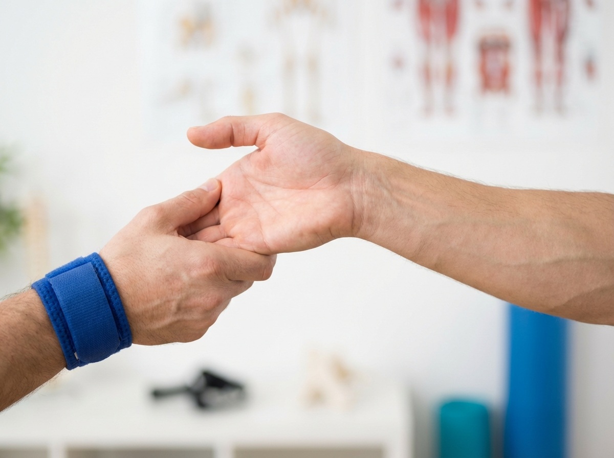손바닥을 정면으로 향하고 손가락을 부드럽게 뒤로 당기며 수근관을 확장하는 재활 스트레칭 실사 이미지