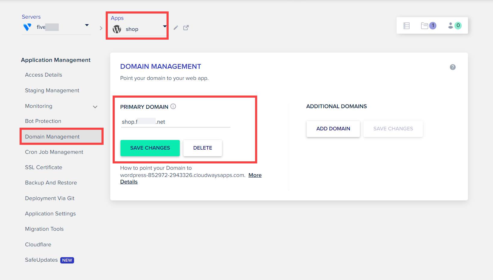 클라우드웨이즈에서 여러 개의 애플리케이션을 생성하여 여러 개의 사이트 운영하기 - 도메인 관리