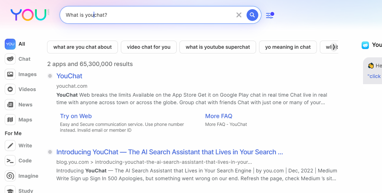 유챗(youChat)과 유닷컴(you.com), chatgpt