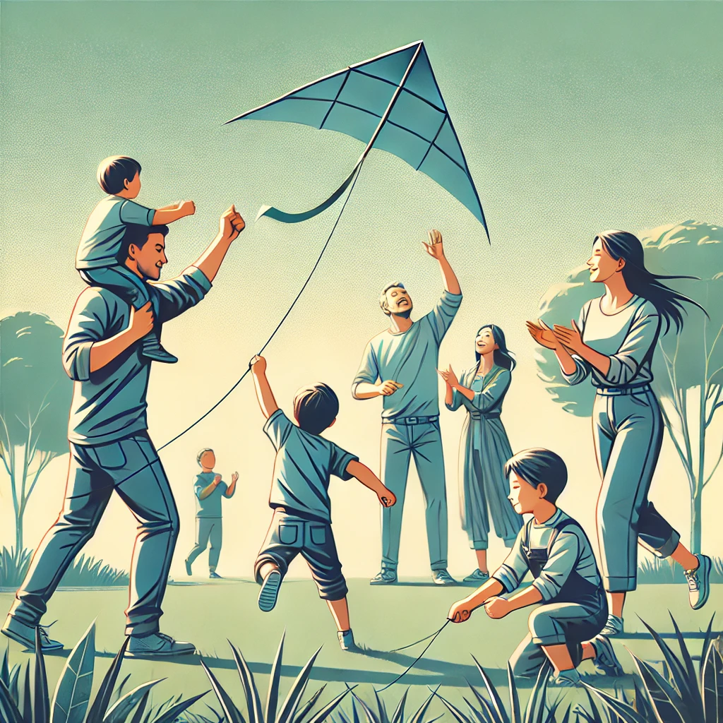 공원에서 연날리기를 여러 번 시도한 끝에 도전하는 아이를 부모가 응원하며 돕는 장면. 푸른 하늘과 초록 잔디가 따뜻한 분위기를 더함.