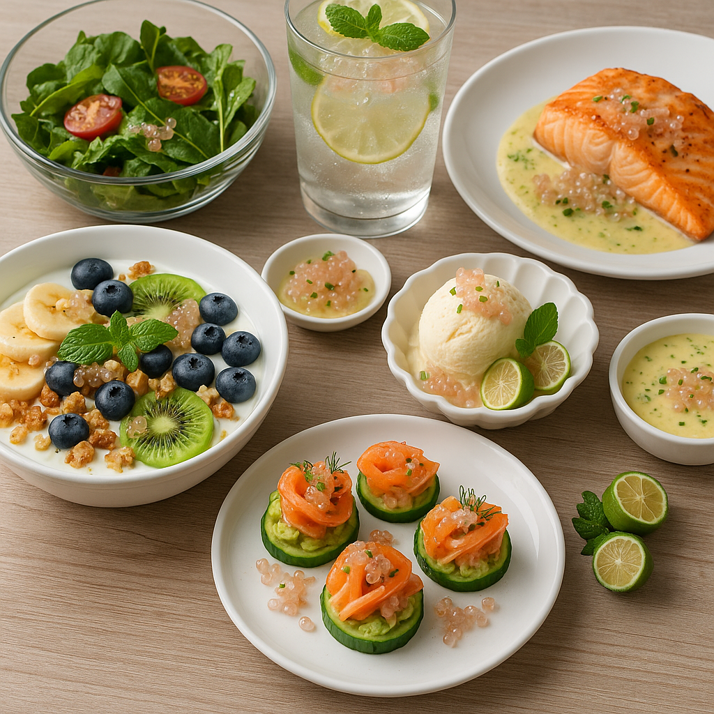 핑거라임을 활용한 여섯 가지 요리(요거트 보울, 카나페, 샐러드, 스파클링 음료, 크림소스 연어, 젤라또 디저트)가 한 테이블에 플레이팅된 모습