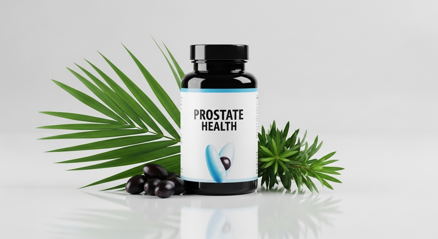 부드러운-반사광이-돋보이는-일반적인-검은색-전립선-건강-보조제-병과-톱팔메토-열매와-야자-잎등을-배치했습니다.
