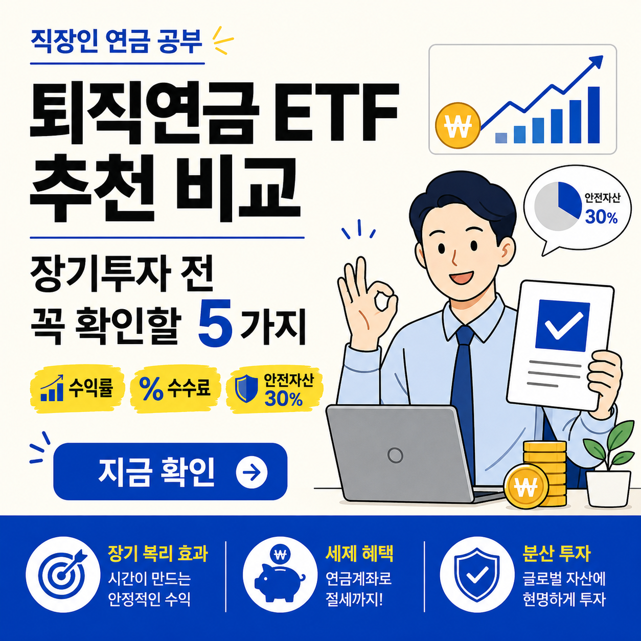 밝은 아이보리 배경의 금융 카드뉴스형 썸네일. 왼쪽에 ‘퇴직연금 ETF 추천 비교’, ‘장기투자 전 꼭 확인할 5가지’라는 큰 한글 제목이 검정색과 파란색으로 배치되어 있고, 수익률·수수료·안전자산 30%를 강조한 노란 포인트 박스가 보인다. 오른쪽에는 노트북 앞에 앉아 서류를 들고 OK 손짓을 하는 직장인 벡터 캐릭터가 있으며, 상단에는 상승 그래프와 안전자산 30% 말풍선, 하단에는 장기 복리 효과·세제 혜택·분산 투자 정보를 담은 파란색 정보 바가 정돈된 카드뉴스 스타일로 배치되어 있다.