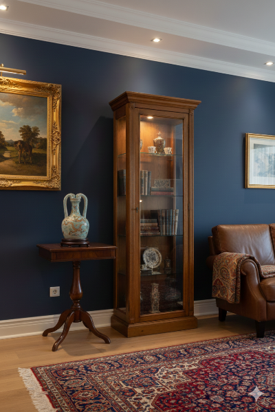 도자기가 고급 아파트 거실 장식장 옆에 탁자위에 놓여 있는 이미지