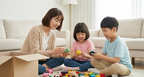 딸과 아들이 장난감 상자를 함께 살펴보는 모습
