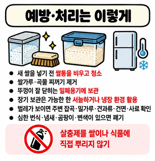 쌀통 청소 밀폐용기 서늘한 보관 주변 식품 점검으로 쌀벌레를 예방하고 심하게 오염된 식품은 폐기하는 카드