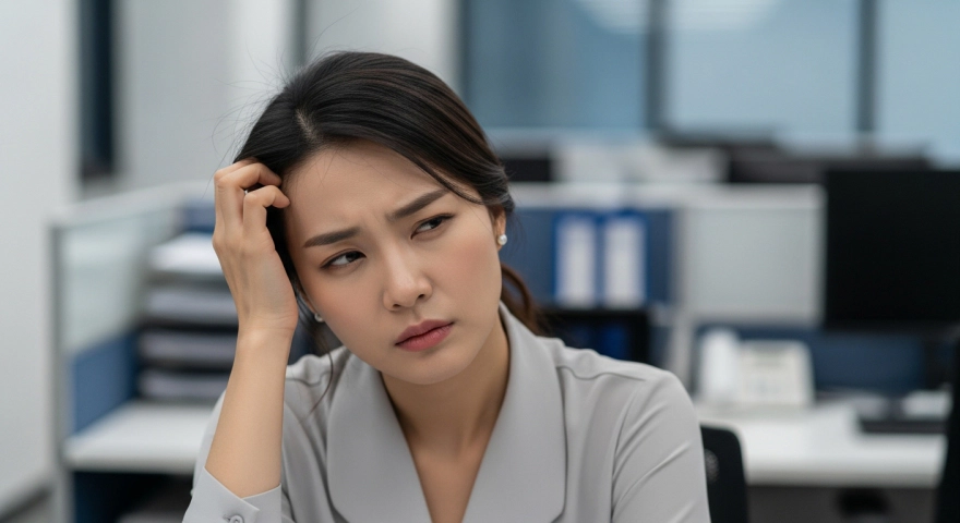 사무실에서 피곤한 표정으로 머리를 잡고 있는 직장인 여성